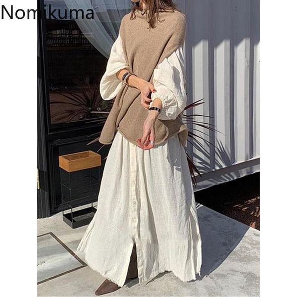 Nomikuma Mode Kausal Frauen Zwei Stücke Anzüge Langarm Lose Bluse Kleid + Gestrickte Koreanische Pullover Weste Sets 6D779 210427