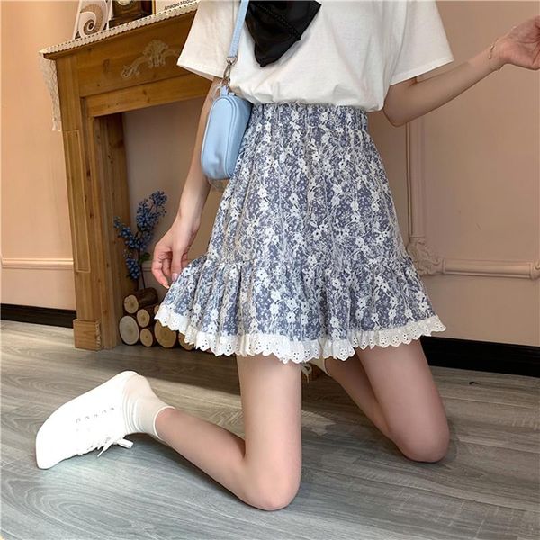 

skirts qiukichonson mini womens floral 2021 teens soft girl lolita summer high waisted crochet lace cute short, Black