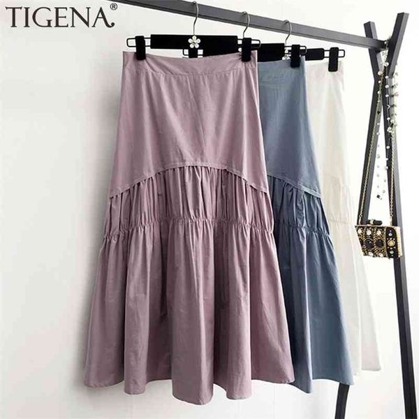 

tigena cotton pleated skirt women fashion summer casual solid a line high waist midi long female black white purple 210621