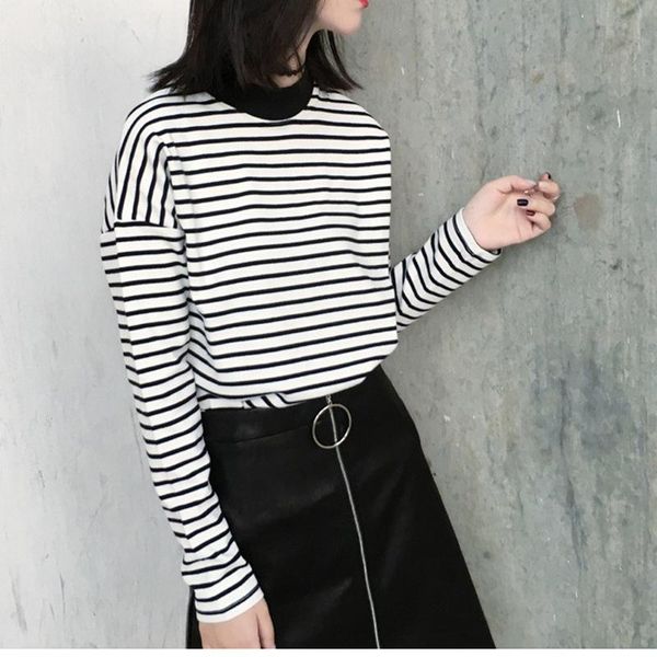 

women's t-shirt 2021 autumn women t shirt fashion clothing lady o neck causal black white strip long sleeve for female