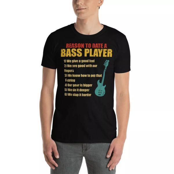 

vintage reason to date a bass player funny guitar bass lover guitarist shirt, White;black