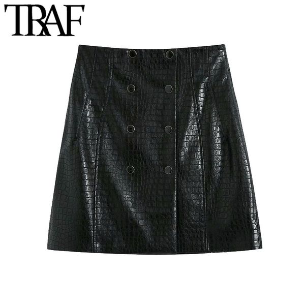 

traf women fashion with metal buttons faux leather mini skirt vintage a line high waist female skirts mujer 210415, Black