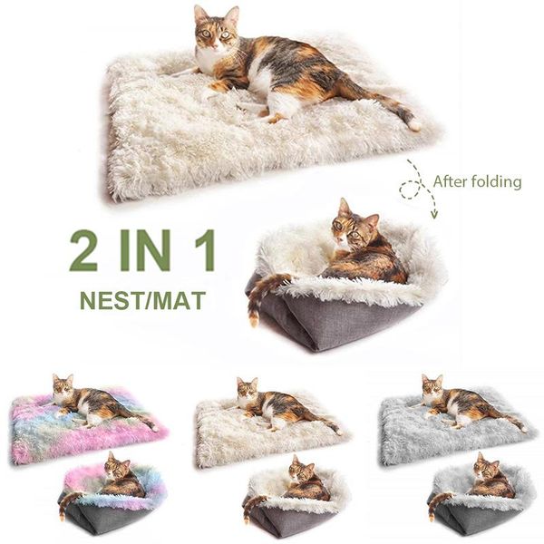 

cat beds & furniture 2 in 1foldable pet cushion super soft long plush bed mats small dog rest blanket warm puppy sleeping nest accessories