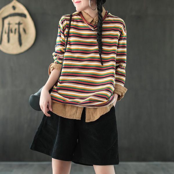 

women's t-shirt thicker retro women autumn winter loose all-match ladies striped casual vintage, White