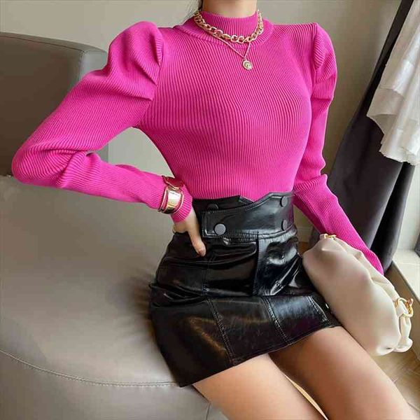 

vintage puff long sleeve turtleneck knitted sweater pullovers girls solid stretchy streetwear winter thick jumpers women, White;black