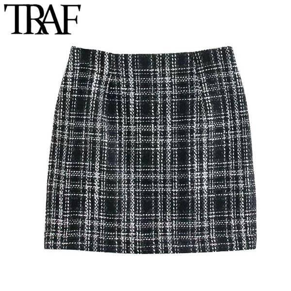 TRAF Femininas Chic Moda Verifique Tweed Mini Saia Vintage Cintura alta Voltar Zipper Feminino Saias Mujer 210415