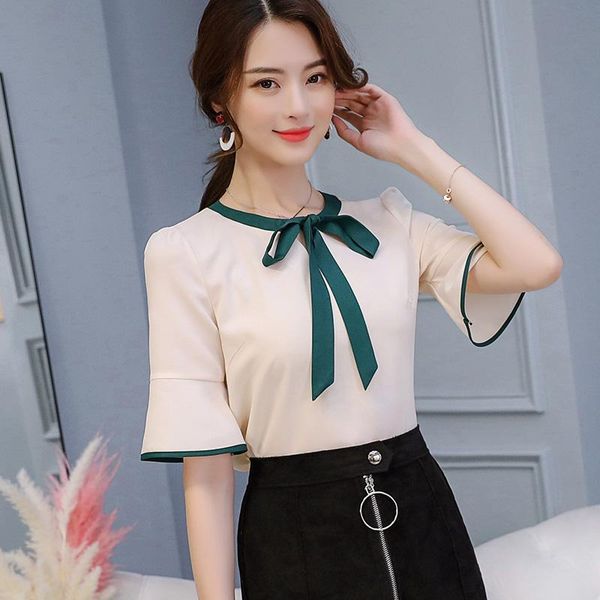 

women's blouses & shirts womens short sleeve fashion women butterfly bow female sweet solid color blouse females breathable slim korean, White