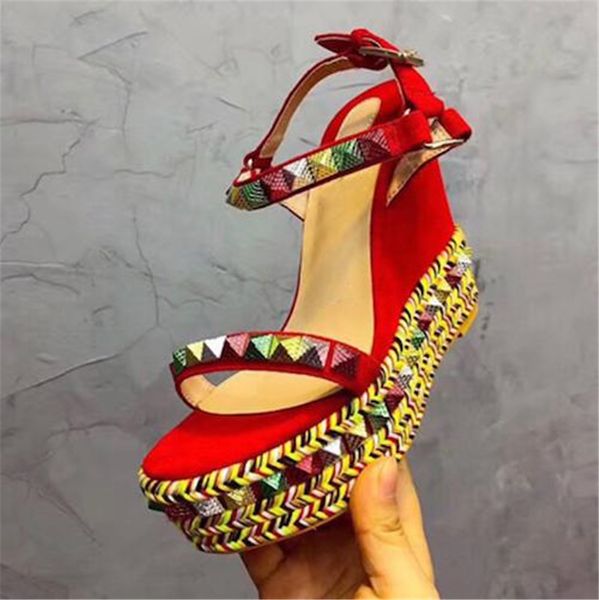 

sandals women high heels red bottom cataclou studs wedge platform fashion ladies spikes rivets studded shoe g250, Black