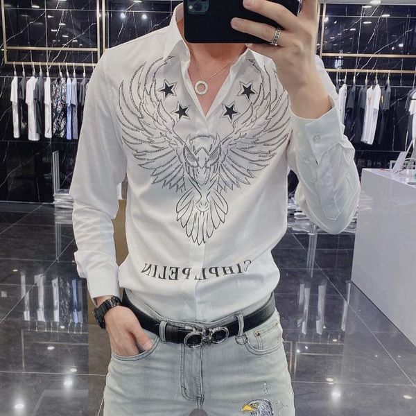 

men's casual shirts trendy eagle diamond for men fashion designer long sleeve shirt luruxy 2021 korean slim fit party stage, White;black