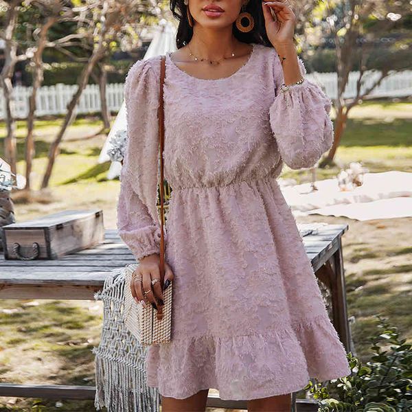 

women pink high waist lantern sleeve solid dress spring elegant fashion long sleeve o-neck a-line mini dress party vestidos 210416, Black;gray
