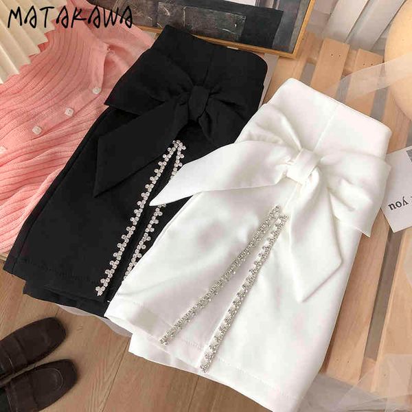 

matakawa summer korean fashion bow women skirt high-waist a-line skirt female diamond split short mini skirts 210513, Black