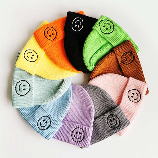 

korean children's knitted hat baby cute candy color baby smiling face woolen hat for boys girls in autumn winter, Yellow