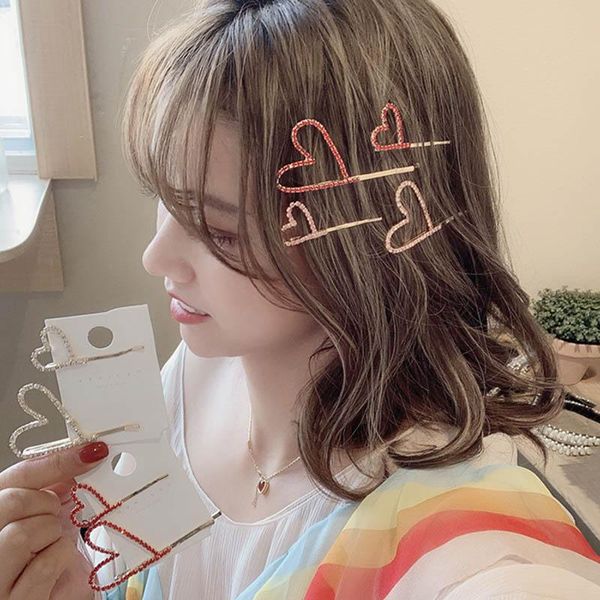 

hair clips & barrettes rhinestone love hairpin female korean clip headwear net red bangs girl simple side cute, Golden;silver
