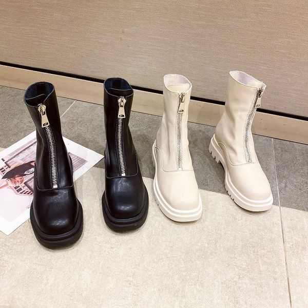 

boots thick bottom women's in autumn round head and winter 2021: front zipper short boots, super, Black