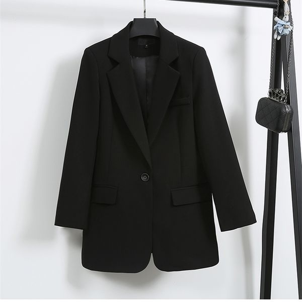 

single button black suit lady fashion blazers autumn spring slim korean style loose mid-length casual cotton women jacket 210915, White;black