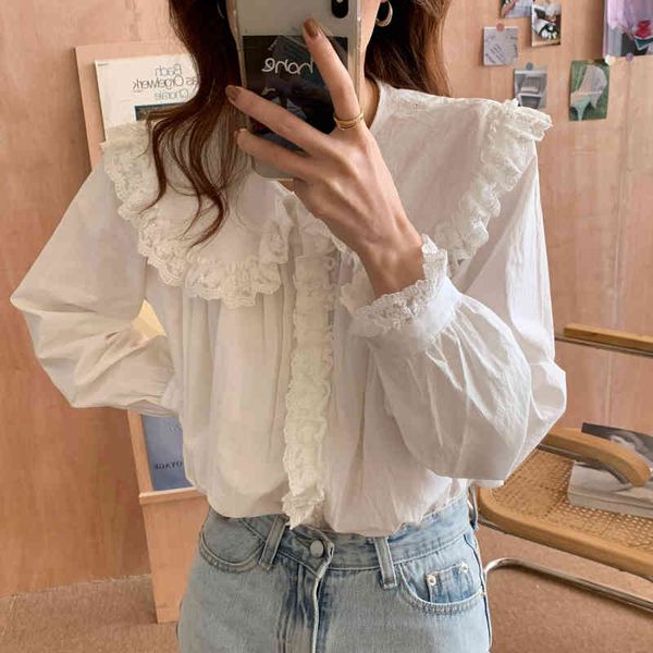 

women's blouses & shirts white ruffles sweet all match fashion 2021 spring femme casual chic gentle girls loose plj1