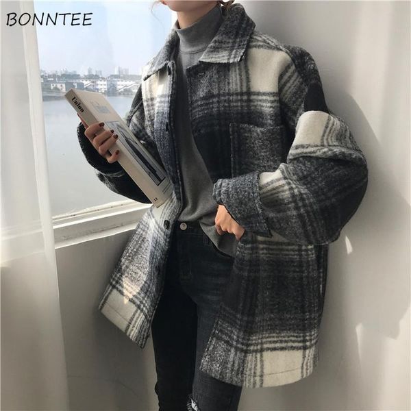 

women's wool & blends women retro plaid classic harajuku streetwear fashion winter coats female clothes loose simple casual bf chic lap, Black