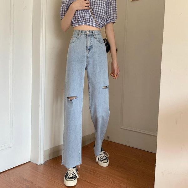 

ripped wide-leg straigh women jeans high waist blue fashion vintage pants summer loose women's