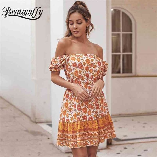 

puff sleeve floral print off shoulder dresses women summer holiday casual high waist ruffle a-line mini dress 210510, Black;gray