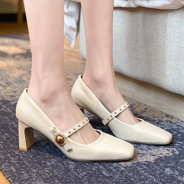 

sandals women high heels shoes retro square toe buckle office lady pumps spring est leather womens 2021 f1l0, Black