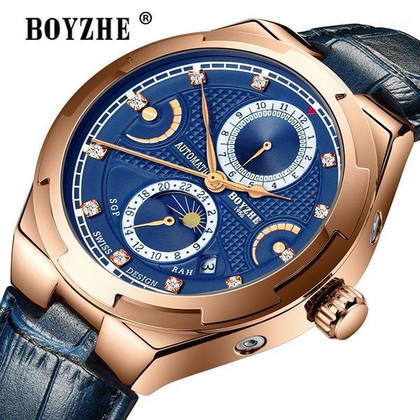 

blue men automatic mechanical tourbillon watch fashion leather calendar sports watches relogio masculino wristwatches, Slivery;brown