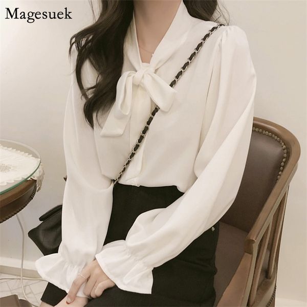 

autumn vintage long sleeve shirt women bow elegant chiffon blouse korean casual office shirts blouses 11273 210512, White