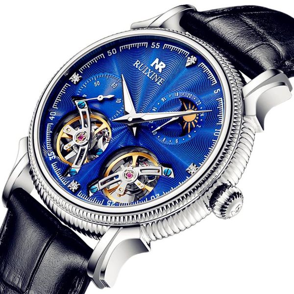 

wristwatches luxury men mechanical wristwatch sport double tourbillon skeleton 100m waterproof sapphire glass automatic relogio masculino, Slivery;brown