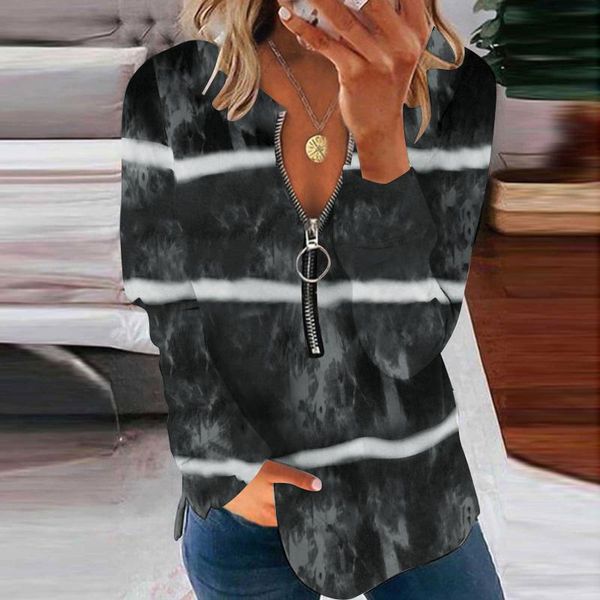 

women's blouses & shirts stripe print v neck blouse casual long sleeve zipper women plus size clothing loose and blusas 40#, White
