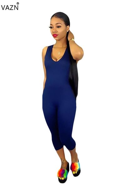

women's jumpsuits & rompers vazn 2021 summer casual o-neck tank sleeve lady elasticity tracksuits calf -length romper sn3555, Black;white