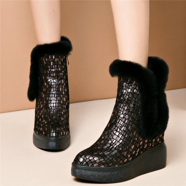 

women genuine leather wedges heel pointed toe ankle boots female winter fur platform pumps high fashion sneakers llaz, Black