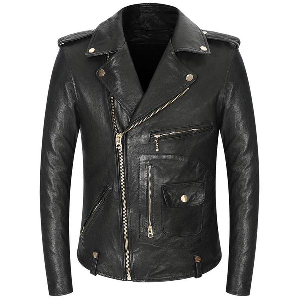 

men's leather & faux oblique zipper jacket head layer vegetable tanned sheepskin retro motorcycle genuine coat, Black