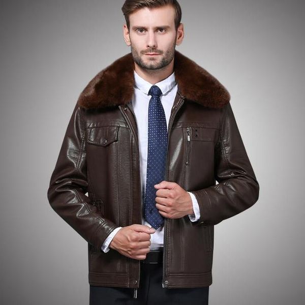 

men's fur & faux 2021 autumn winter middle-aged men genuine jackets daddy plus velvet thickening leather jacket warm outerwear, Black