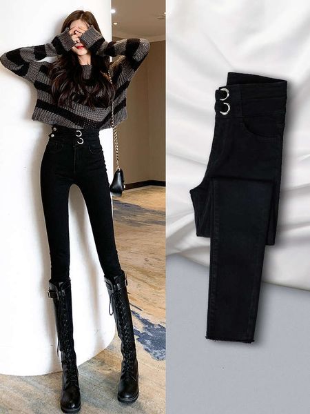

black spring and autumn high waist thin tight little foot pencil pants, Blue
