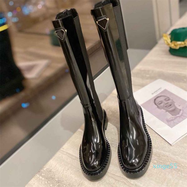 

luxury designer the glossy boots women shoes leather low heels boot, Black