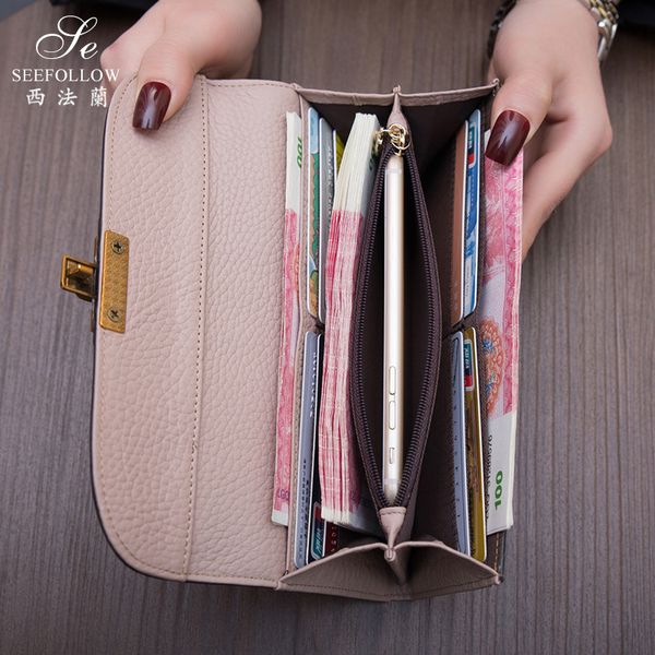 

new women's wallet long leather multifunctional large capacity cowhide simple and versatile hand wallet handbags sale, Brown;gray