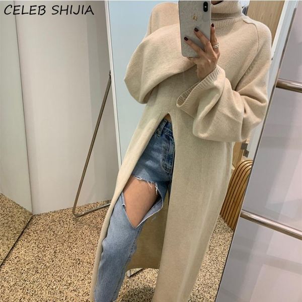 

casual dresses turtleneck knitting dress for woman apricot chic full-sleeve vintage split knitted korean fashion autumn clothing, Black;gray