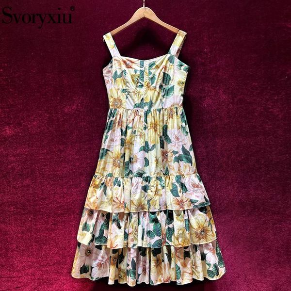 

casual dresses svoryxiu 2021 summer women's fashion runway camellia print cotton spaghetti strap dress cascading ruffle party midi, Black;gray
