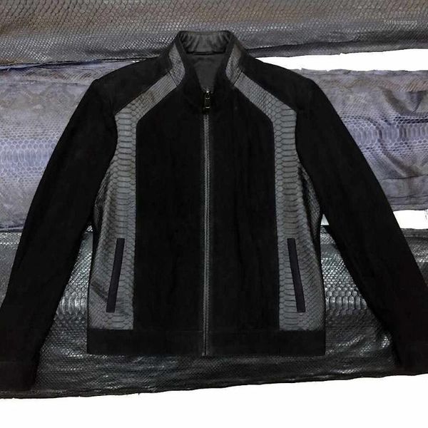 

men's jackets classic luxury genuine sheepskin real python leather exotic snake skin black jacket, Black;brown