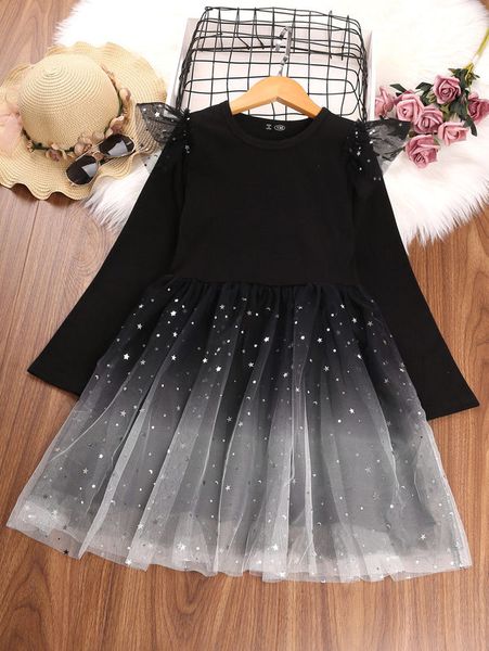 

girls ruffle trim star mesh dress she, Red;yellow