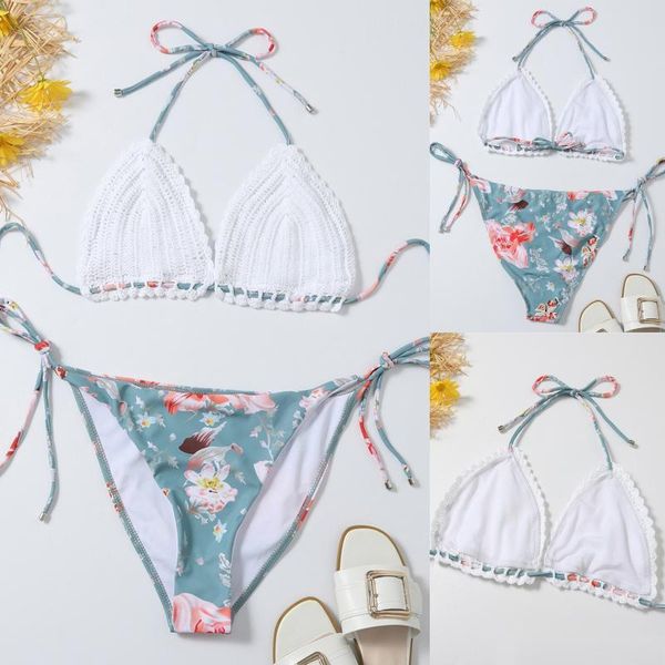 

one-piece suits 2021 stroje k pielowe damskie women's fashion crochet prints hanging neck split bikini swimsuit maillot de bain femme