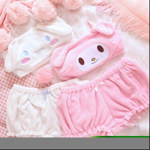 

winter pajamas anime cosplay women sleepwear costume cute girls kawaii bra and panty set pink white velvet nightgown, Black;red