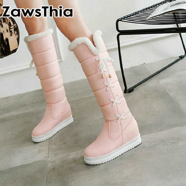 

zawsthia sweet winter warm womans boots white pink black cross-tied platform wedges heels knee-high boots women snow boots 210611