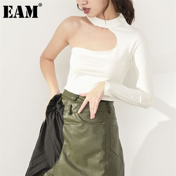 

[eam] women white hollow out temperament t-shirt stand collar long sleeve fashion spring autumn 1dc8990 210623