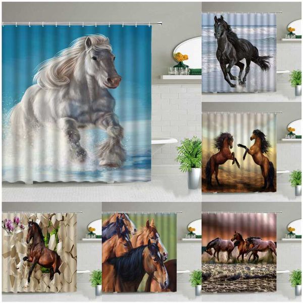 

shower curtains horse bathroom decor strong animal running waterproof polyester cloth home bath bathtub curtain set with hooks