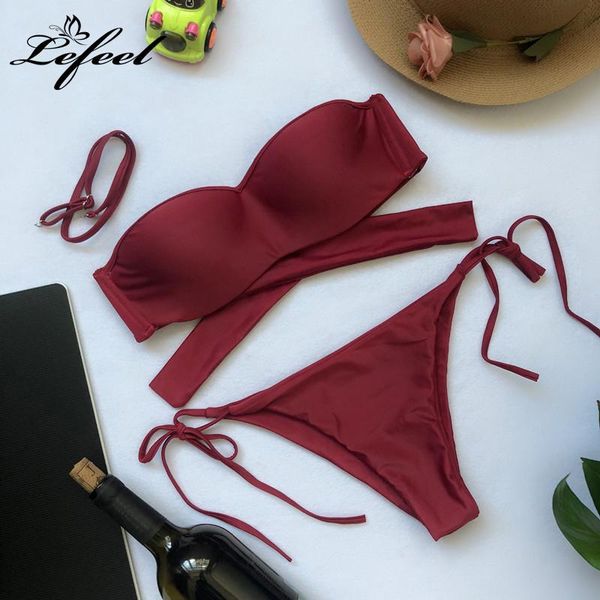 

women's swimwear lefeel 2021 bikini set push up bikinis solid swimsuit women brazilian bathing suit beach wear biquini, White;black