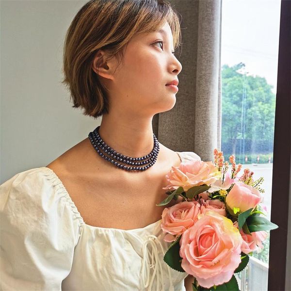 

chains daimi freshwater pearl nelace 925 sier 6-7/7-8mm white/bla natural for women gift, Silver
