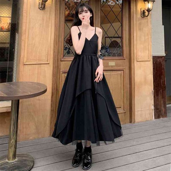 

4xl fashion dress summer retro slimming mesh stitching large swing suspender skirt plus size women's 210520, Black;gray