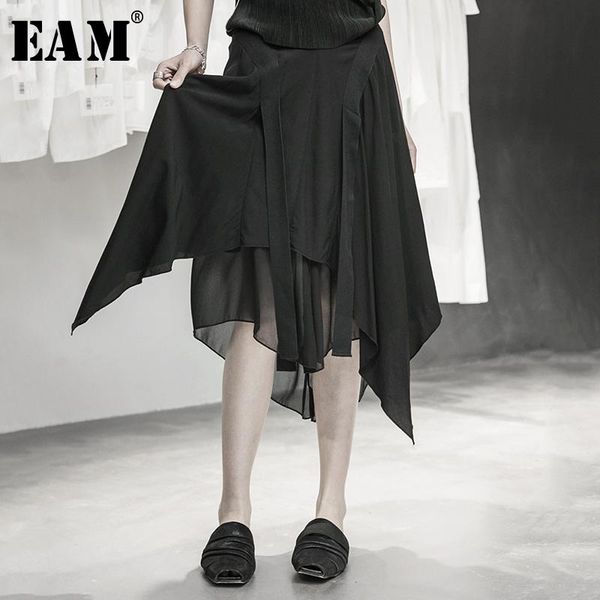 

[eam] high waist black irregular chiffon split joint ribbon half-body skirt women fashion tide spring autumn 2021 1y358 skirts