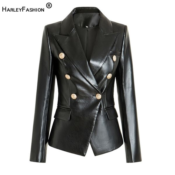 

harleyfashion european american pu leather fittness gold buttons slim high street women black blazer 211122, White;black