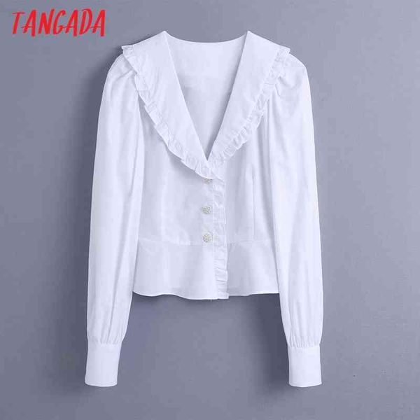 

women retro white oversize collar beading buttons long sleeve chic female short blouse shirt be318 210416